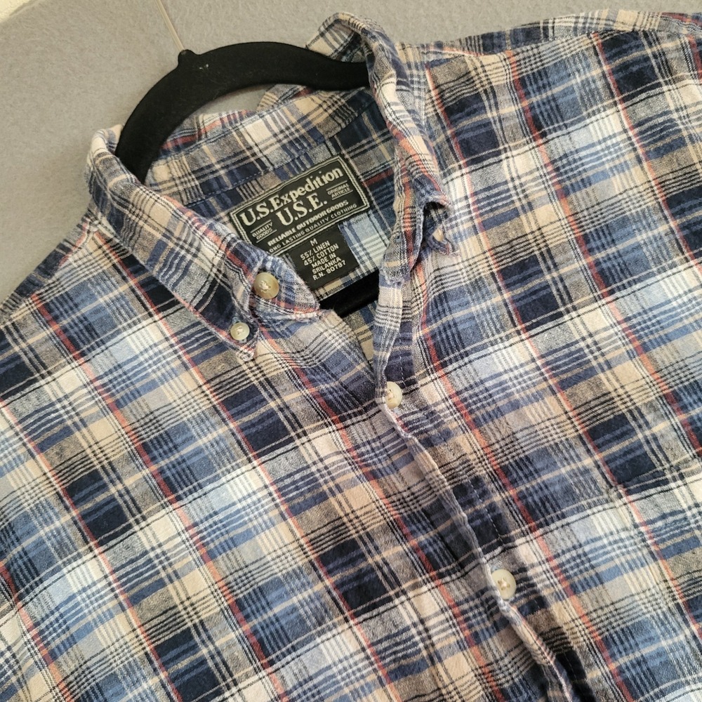 U.S. Expedition Mens Medium Linen Cotton Plaid Short Sleeve Button Down Shirt